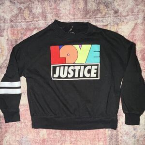 Justice Girls LOVE Graphic Logo Striped Sleeve Black Pullover Sweatshirt S (7/8)
